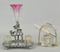 Two silver plated ink well stands, one with camel figure mounted to back,