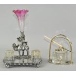 Two silver plated ink well stands, one with camel figure mounted to back,