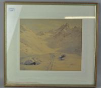 A framed watercolour of a snowy mountain scene,