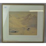 A framed watercolour of a snowy mountain scene,