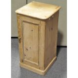 A stripped pine bedside cupboard with panelled door and single shelf,