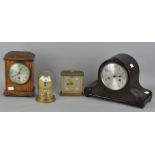 A group of four mantel clocks, including two wooden cased examples,