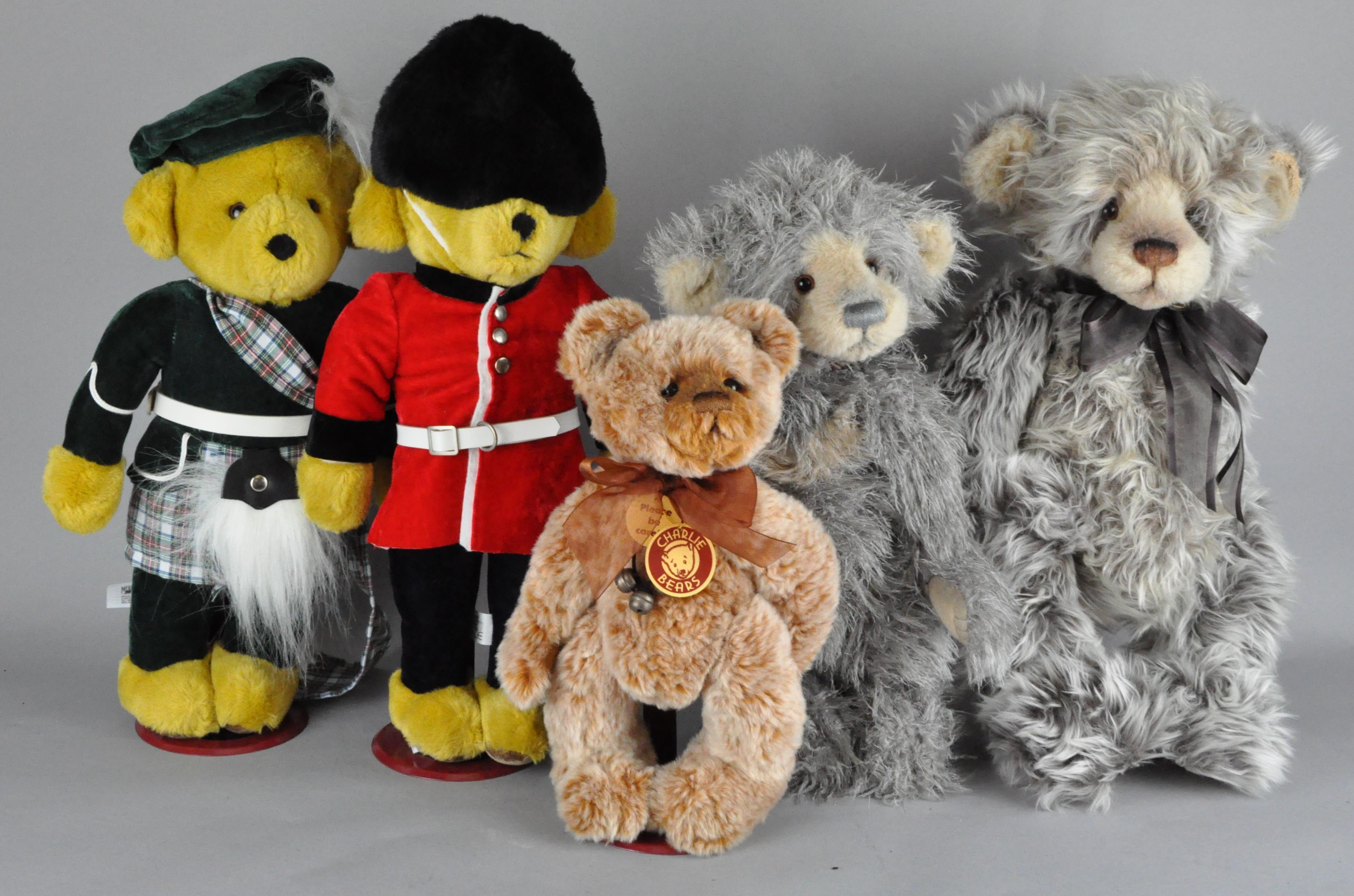 A group of five toy bears, comprising Charlie Bears and two Merrythought examples,