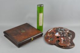 A mahogany Artists box with contents,