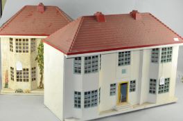 Two modern painted metal dolls houses with plastic roofs,