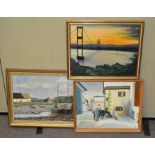 A group of three paintings, including a watercolour scene of a harbour, all framed,