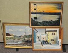 A group of three paintings, including a watercolour scene of a harbour, all framed,