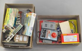 Two boxes of assorted model railway related items, to include Hornby, scenery, track and more,