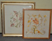 Two embroideries, one in gilt frame, the other in wood frame,