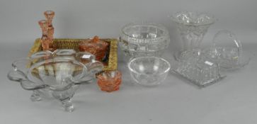 A collection of vintage glassware, including a pair of candlesticks, bowls and other items,