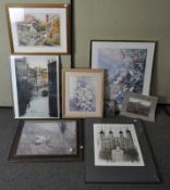A group of assorted prints, including a view of the Tower of London,
