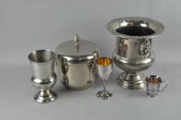 A collection of silver plated items, including a two handled champagne bucket urn, 25cm high,
