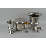 A collection of silver plated items, including a two handled champagne bucket urn, 25cm high,