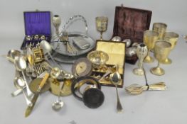 An assortment of silver plated items, including a Drambuie pewter hip flask,