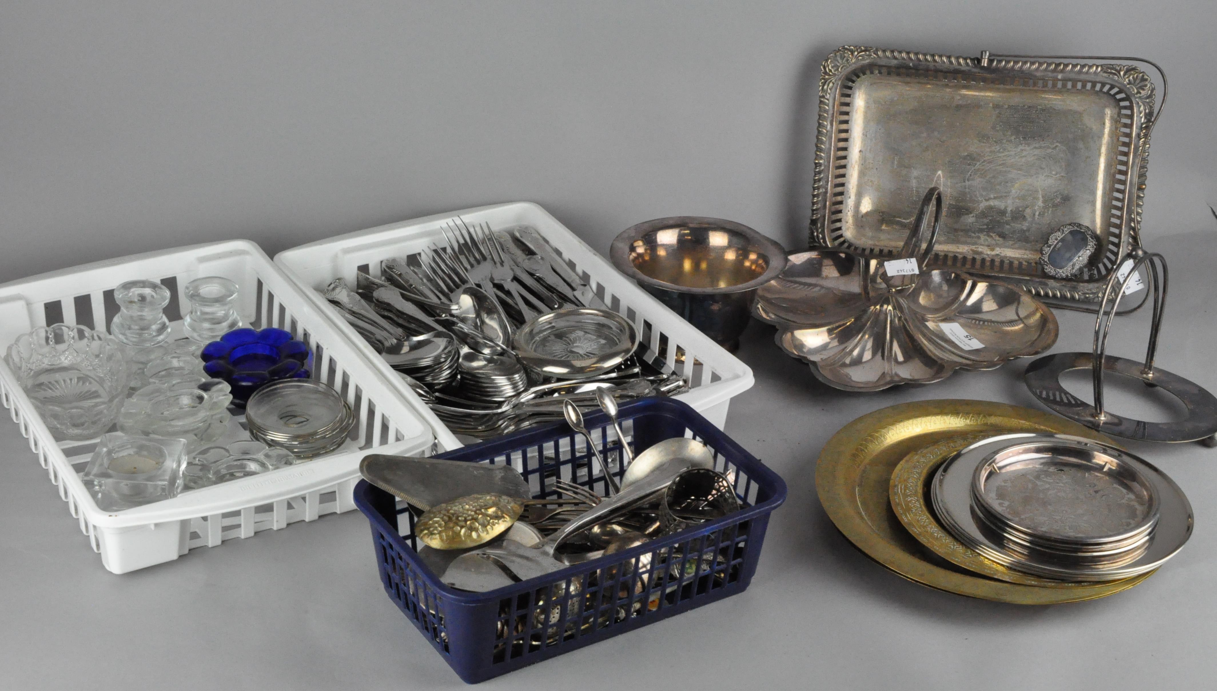 A large collection of silver plated wares, including coasters,