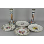 A pair of unusual Masons Ironstone candlesticks, together with two Meissen plates and two others,