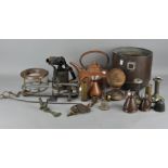 A group of assorted metalware, including a vintage blow torch, pair of silver plate candlesticks,