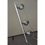 A chrome three light ceiling light, on mounting bracket,