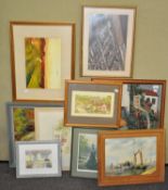 A large collection of assorted pictures and prints, including an embroidery, all framed,