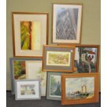 A large collection of assorted pictures and prints, including an embroidery, all framed,