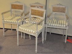 Four grey painted bergere chairs,