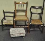 An oval salon chair with turned baluster back over a bergere seat, raised on stretchered legs,