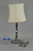 A silver plated column table lamp with shade; together with a Scottish silver pin tray,
