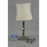 A silver plated column table lamp with shade; together with a Scottish silver pin tray,