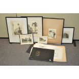 A collection of etchings, some framed, depicting various types of architecture,