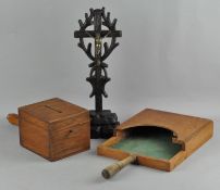 Two collection boxes together with a carved wooden Crucifix,