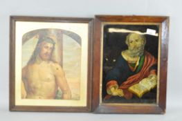 Two oak framed 19th century prints, one depicting Jesus Christ during the Crucifixion,