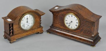 Two Oak cased mantel clock, the smaller's enamel dial marked 8 days, made in France,