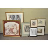 A collection of assorted framed and glazed prints.