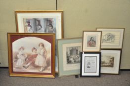 A collection of assorted framed and glazed prints.