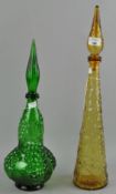 Two coloured glass bottles,