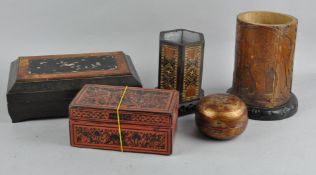 A group of Oriental items, including a Bamboo brush pot mounted on wooden base, 17cm high,
