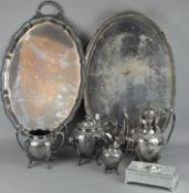 A Victorian silver plated four piece tea service, together with two large silver plated trays,