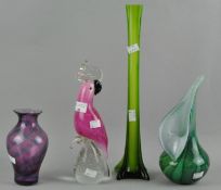 Four pieces of coloured glass, including a pink bird and three vases,
