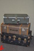 Two travelling trunks and a metal suitcase,