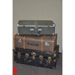 Two travelling trunks and a metal suitcase,