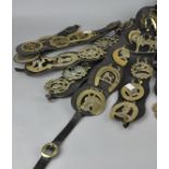 A group of horse brasses, mounted on leather straps,