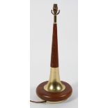 A large 1960's vintage teak and brass lamp base, having a round base with tapering upright,