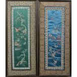 Two Chinese silk panels depicting birds and insects amongst foliage,
