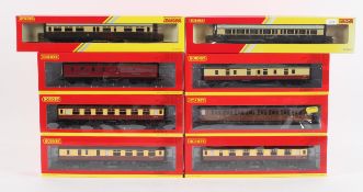 A collection of twenty hornby 00 gauge coaches in GWR, BR (ex LMS), BR, BR Teak,