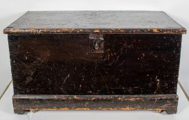 A Victorian painted pine trunk with metal plaque to inside