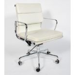 After Charles & Ray Eames, a contemporary EA208 style soft pad swivel chair, in faux white leather,