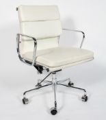 After Charles & Ray Eames, a contemporary EA208 style soft pad swivel chair, in faux white leather,