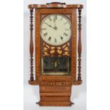 A Continental late 19th century, inlaid mahogany wall clock, with painted metal dial,