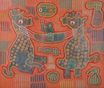 A San Blas Mola of two beasts holding a human figure,