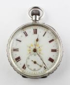 An open face pocket watch. Circular white dial with bronze roman numerals and gold embellishments.